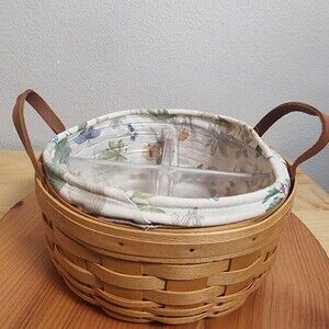 Longaberger 2000 Medium Round Storage Basket Floral Liner Divider Handles USA